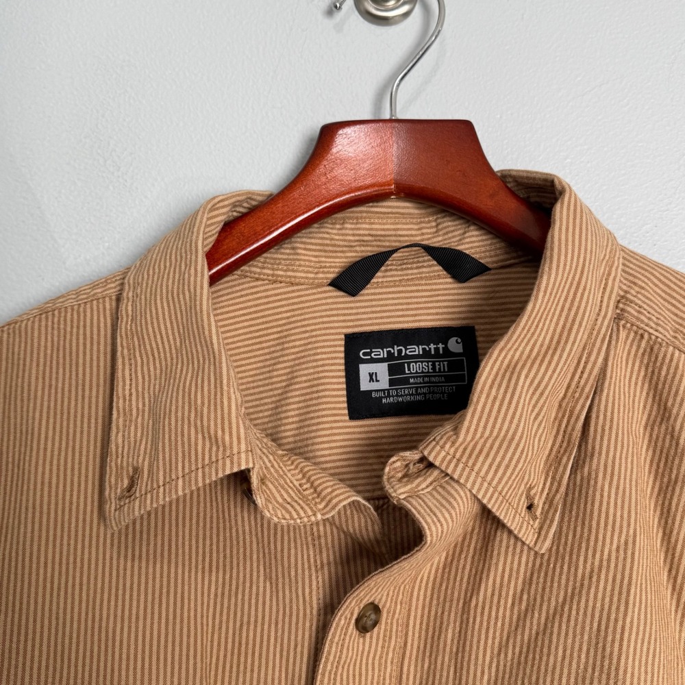 Carhartt Mens XL Loose Fit Striped Long Sleeve Button Down Work Shirt Brown - Picture 3 of 9